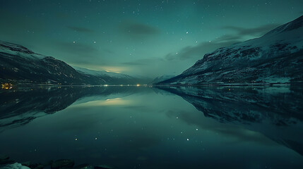 Aurora Borealis reflected between two fjords in Tromsø