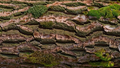 Wall Mural - relief texture of the brown bark of a tree with green moss and lichen on it long panoramic image of a tree bark texture