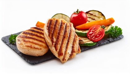 Poster - grilled chicken slices with vegetables isolated on white background