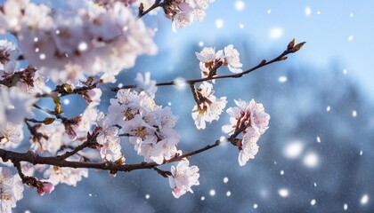 Wall Mural - snow falling on a spring blossom tree