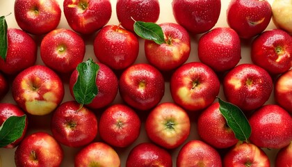 Poster - red apples with leaves closeup with top view red apple patterns top view of bright ripe fragrant red apples with water drops as background