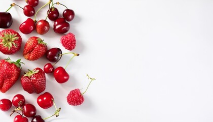 Wall Mural - creative banner with strawberries cherries and raspberries white background fresh and inviting