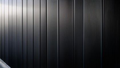 black aluminum corrugated steel wall background with gradient light on surface in widescreen view