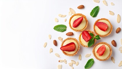 Wall Mural - flat lay banner with strawberry mini cake tartlet with vanilla custard sprinkled with almond flakes and mint leaves over white background concept of homemade healthy sweet pastries top view