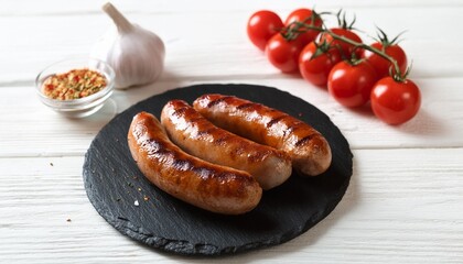 Wall Mural - grilled sausages on a black stone plate on white wooden table with tomatoes garlic salt and pepper