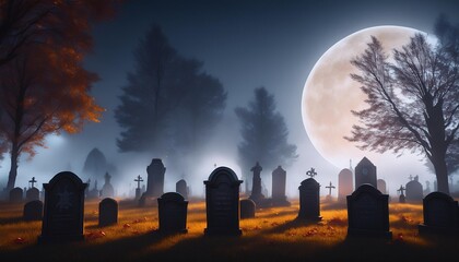 Wall Mural - gravestones and graves in the cemetery at night halloween background