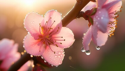 Wall Mural - close up of pink peach blossom surrounded by mist and water droplets in warm sunlight