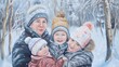 © Felippe Lopes - A woman and three children bundled in winter gear smile for a photo in a snowy forest.
