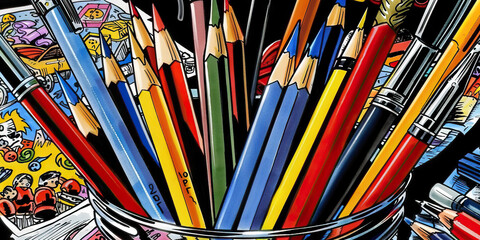 A set of colorful pencils, pens, and markers, arranged neatly in a jar, waiting for an artist's touch