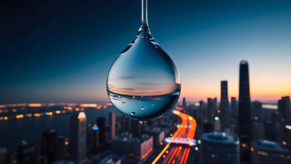 A Sunset Cityscape With a Water Droplet Hanging Above Busy Urban Traffic