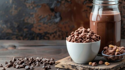 Wall Mural - Cocoa cereal in white cup with chocolate milk in glass jar on wooden table