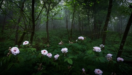 Canvas Print - seamless pattern with roses amidst the dense mysterious forest a dark and moody wild rose bush creates a captivating background wallpaper