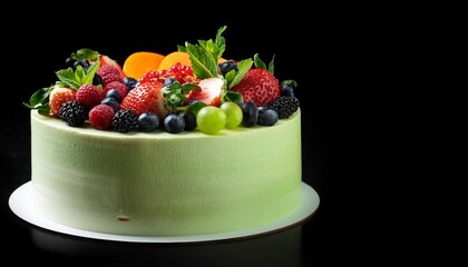 Canvas Print - birthday cake with fresh berries and fruits on a black background