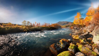 Wall Mural - dry moss and bushes with yellowed leaves grow on the stony banks of the river the surface of the water is covered with small waves picturesque autumn landscape on a sunny windy day