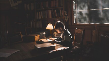 Poster - Young boy studies at a desk lit by a lamp in a dimly lit room.