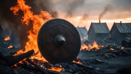 close up Viking shield and burning village. Fiery embers swirl amidst destruction after a war. Atmospheric battle scene for the background of a wallpaper. Dramatic historical conflict. Norse raid afte