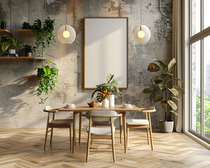 Wall Mural - Modern dining room stylish sideboard with empty frame