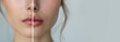 © Ekaterina - Banner template: Before and after lip filler injections. Close-up of lip augmentation. Plastic surgery.