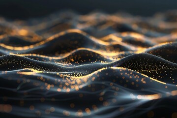 Canvas Print - Abstract wavy black surface with golden light dots background.