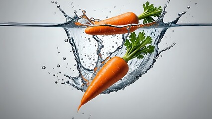 Two fresh carrots splash into a clear water surface, creating a dramatic wave and droplets.