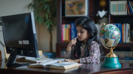 Wall Mural - Asian Indian girl child studying at home on study table with computer, books, Globe model, victory trophy