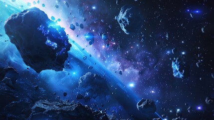 Magnificent Abstract cosmic background with asteroids and glowing stars. Deep space, science fiction