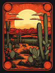 Wall Mural - A vector design for a t-shirt about a cactus in the desert at sunset, with mountains and clouds in the background