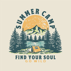 camping illustration mountains graphic lake design summer badge summer vintage drawing cartoon fores