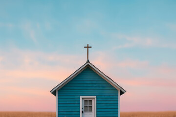 A serene blue church standing alone against a colorful sky, symbolizing peace and tranquility in a rural setting.