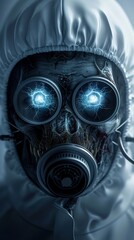 A haunting figure in a gas mask and protective suit, showcasing a fusion of technology and dystopian horror.