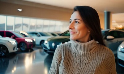 Wall Mural - Medium shot portrait video of a pleased woman in her 30s wearing a cozy sweater against a car showroom or dealership background