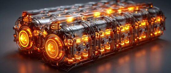 Futuristic energy storage device with glowing orange lights, showcasing advanced technology and sleek design.