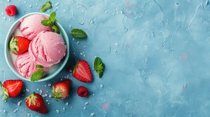 Wall Mural - Strawberry Ice Cream with Mint on Blue Table Copy Space