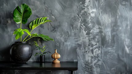 Poster - Black Vase With Green Monstera Plant Against A Gray Wall