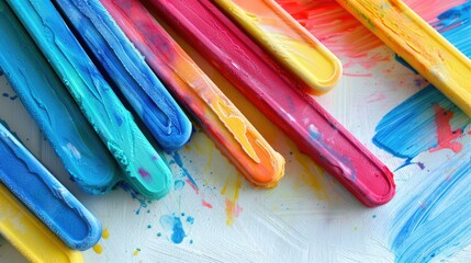 Canvas Print - Variety of colored ice cream sticks on white paper with space for copying enhancing children s art skills in the classroom