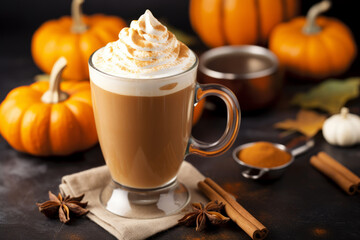 Pumpkin spice latte in a glass mug with whipped cream and cinnamon