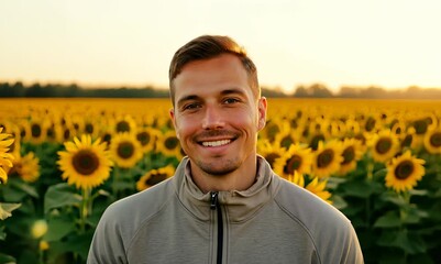 Wall Mural - Group portrait video of a satisfied man in his 30s wearing a comfortable tracksuit against a sunflower field or vibrant landscape background