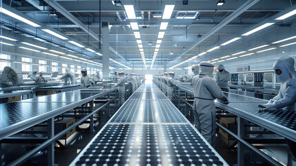 Workers in white suits assemble solar panels in a clean, modern factory.