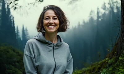 Sticker - Lifestyle portrait video of a grinning woman in her 40s wearing a comfortable tracksuit against a mystical forest background