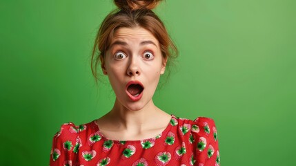 Wall Mural - young woman startled expression strawberryprint outfit vibrant green background