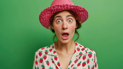 Wall Mural - young woman startled expression strawberryprint outfit vibrant green background