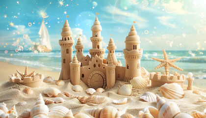 Wall Mural - a sand castle is built on a beach with a sailboat in the background