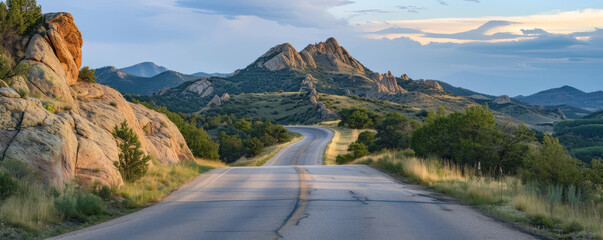 Wall Mural - Winding road through grassland and rocky mountains under evening sky, scenic travel and nature concept