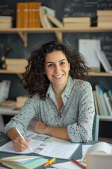 Wall Mural - Portrait of a teacher preparing lesson plans and educational materials at their desk, Generative AI