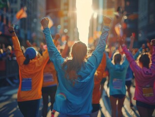 Group of enthusiastic runners celebrating victory during a vibrant city marathon under a glowing sunset.