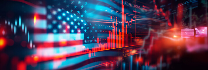 Poster - American flag overlapping financial charts showing stock market data
