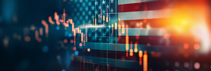 Poster - American flag overlaying digital stock market trading chart data