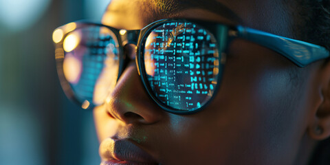Leinwandbilder - Close up of female programmer working late reflecting code in glasses