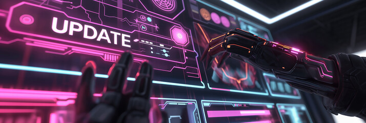 Fototapete - Robot hands pressing update button on futuristic control panel