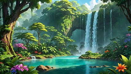 Poster - A majestic waterfall in a lush rainforest, surrounded by vibrant vegetation and colorful flowers, digital art 